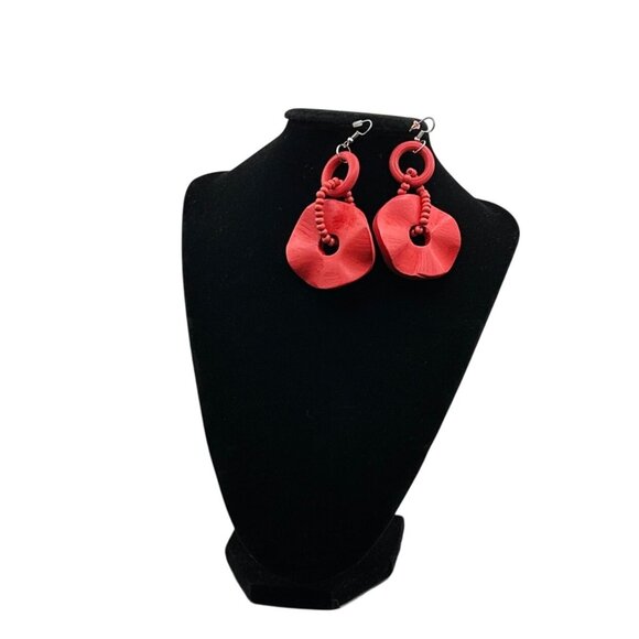 Handcrafted Red Polymer Clay & Bead Statement Drop Earrings Party Vacation - Picture 1 of 3